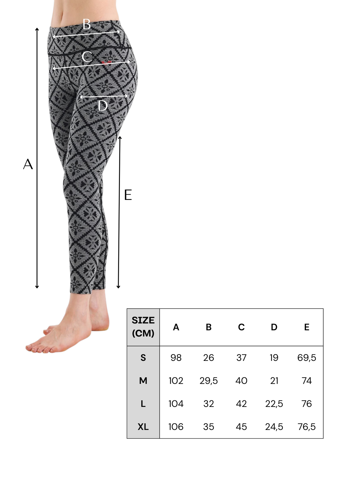 Tabela rozmiarów szarych damskich legginsów termoaktywnych ze 100% wełny merino 230 g/m²