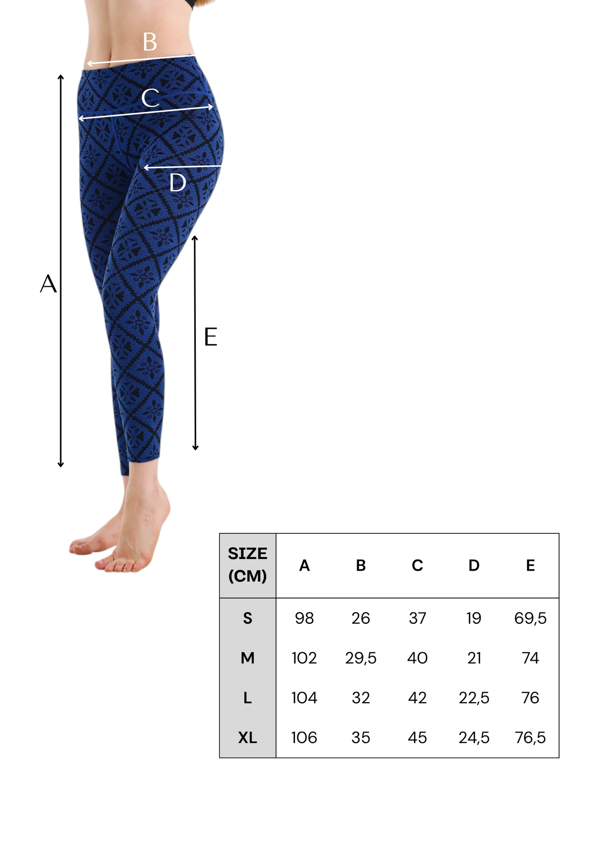 Tabela rozmiarów niebieskich damskich legginsów termoaktywnych ze 100% wełny merino 230 g/m²