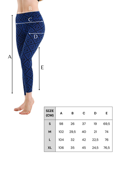 Tabela rozmiarów niebieskich damskich legginsów termoaktywnych ze 100% wełny merino 230 g/m²