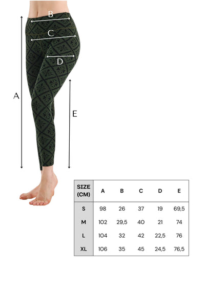 Tabela rozmiarów zielonych damskich legginsów termoaktywnych ze 100% wełny merino 230 g/m²