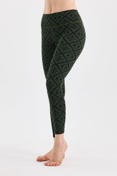 Zielone damskie legginsy termoaktywne z wysokim stanem, wykonane ze 100% wełny merino