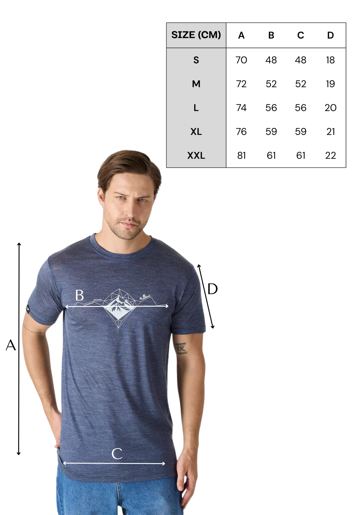 Tabela rozmiarów granatowego męskiego T-shirtu z lyocellu i wełny merino 135 g/m²