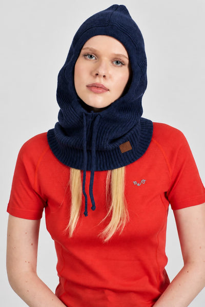 Granatowy komin z kapturem ze 100% wełny merino 210 g/m²