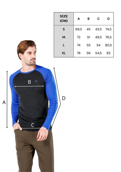 Męska koszulka merino 195 g/m² w kolorze antracytowym z niebieskimi rękawami-tabela rozmiarów