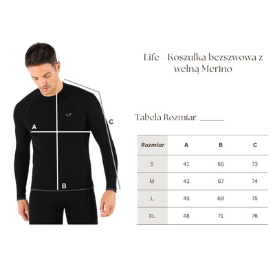 Tabela rozmiarów czarnej męskiej koszulki z długim rękawem z wełny merino