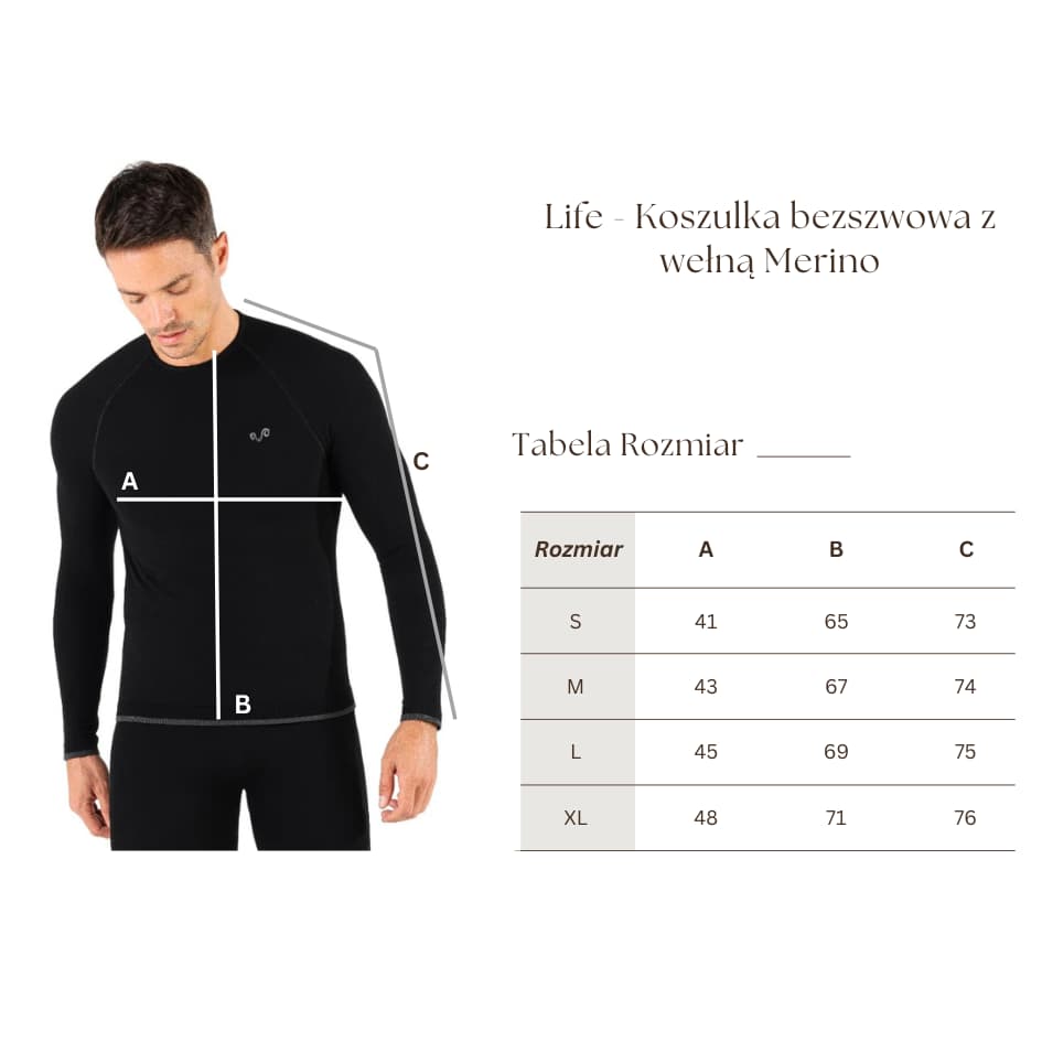Tabela rozmiarów czarnej męskiej koszulki z długim rękawem z wełny merino