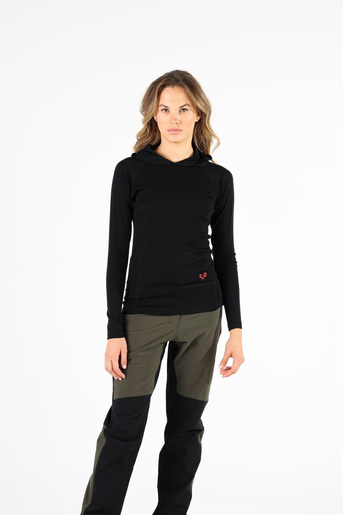 Czarna damska koszulka z kapturem ze 100% wełny merino 195 g/m²