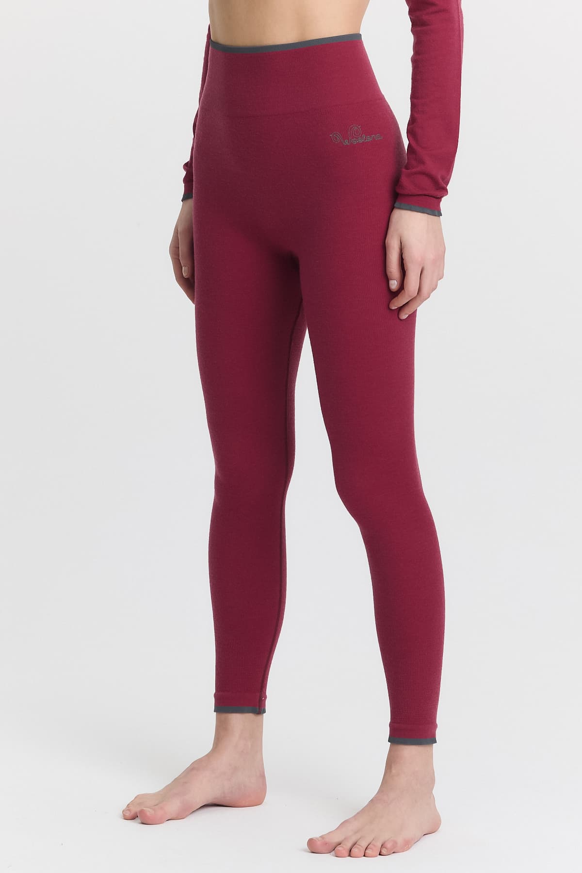 Śliwkowe damskie legginsy z wełny merino z wysokim stanem