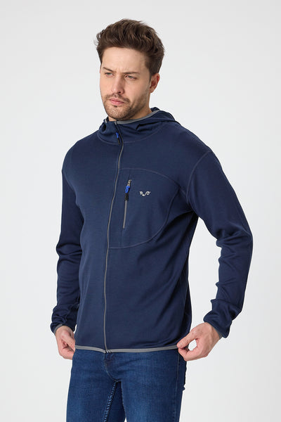 Granatowa męska bluza merino z kapturem, rozpinana
