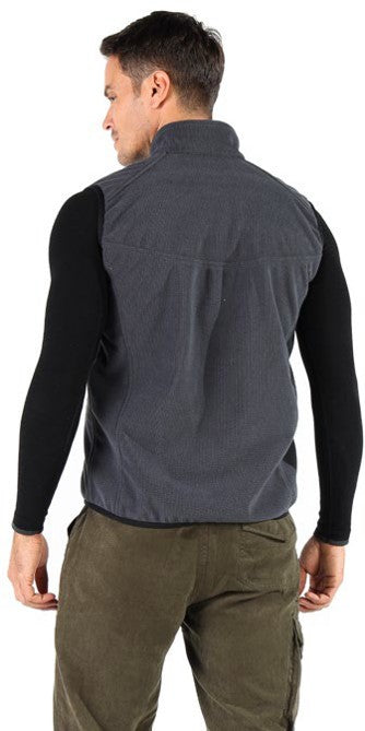Tył szarej męskiej kamizelki outdoorowej z wełną merino
