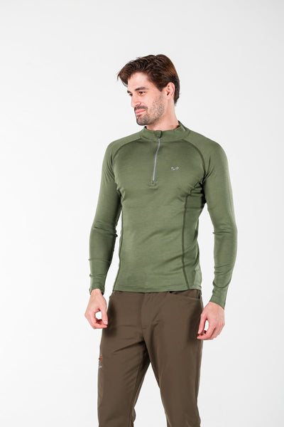 Męska koszulka 100% wełna merino z zamkiem YKK 195 g/m² – zielona