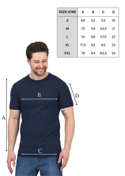 Tabela rozmiarów granatowej męskiej koszulki ze 100% wełny merino Piqué 170 g/m² z krótkim rękawem