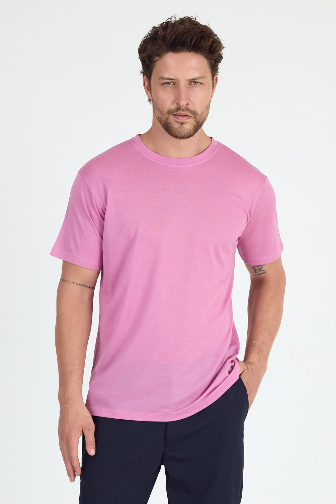 Różowa męska koszulka ze 100% wełny merino Piqué 170 g/m² z krótkim rękawem