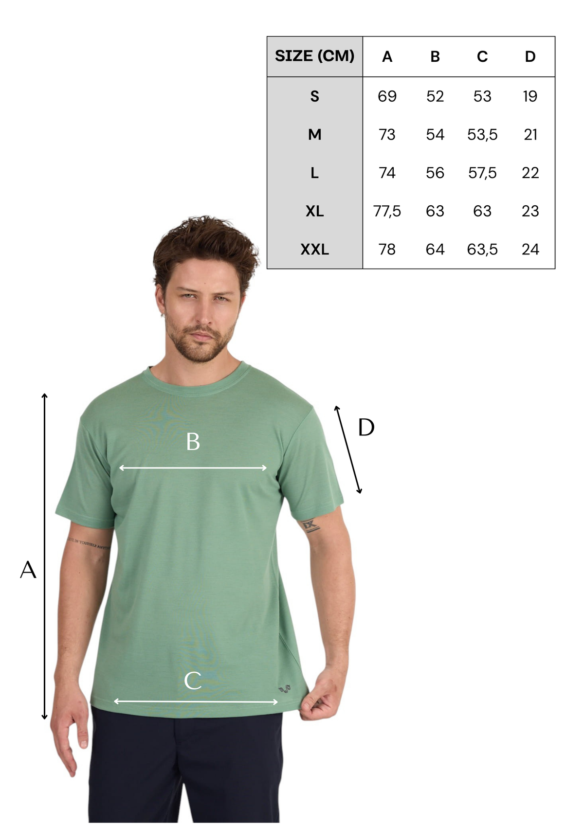 Tabela rozmiarów zielonej męskiej koszulki ze 100% wełny merino Piqué 170 g/m² z krótkim rękawem