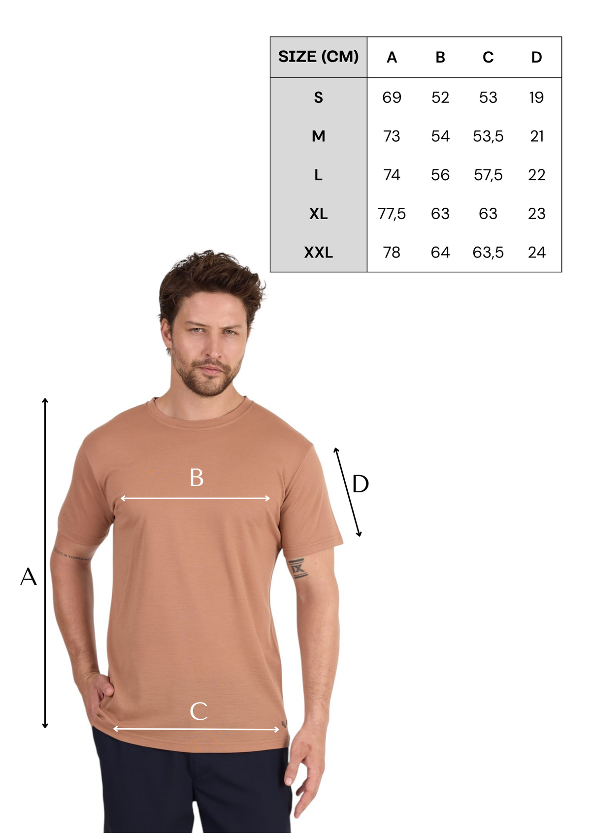 Tabela rozmiarów brązowej męskiej koszulki ze 100% wełny merino Piqué 170 g/m²