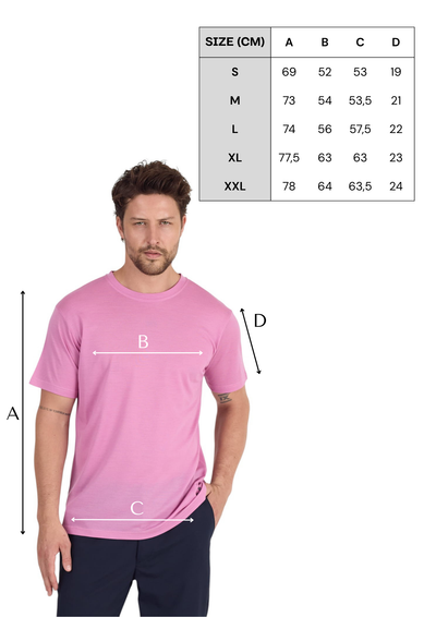 Tabela rozmiarów różowej męskiej koszulki ze 100% wełny merino Piqué 170 g/m² z krótkim rękawem
