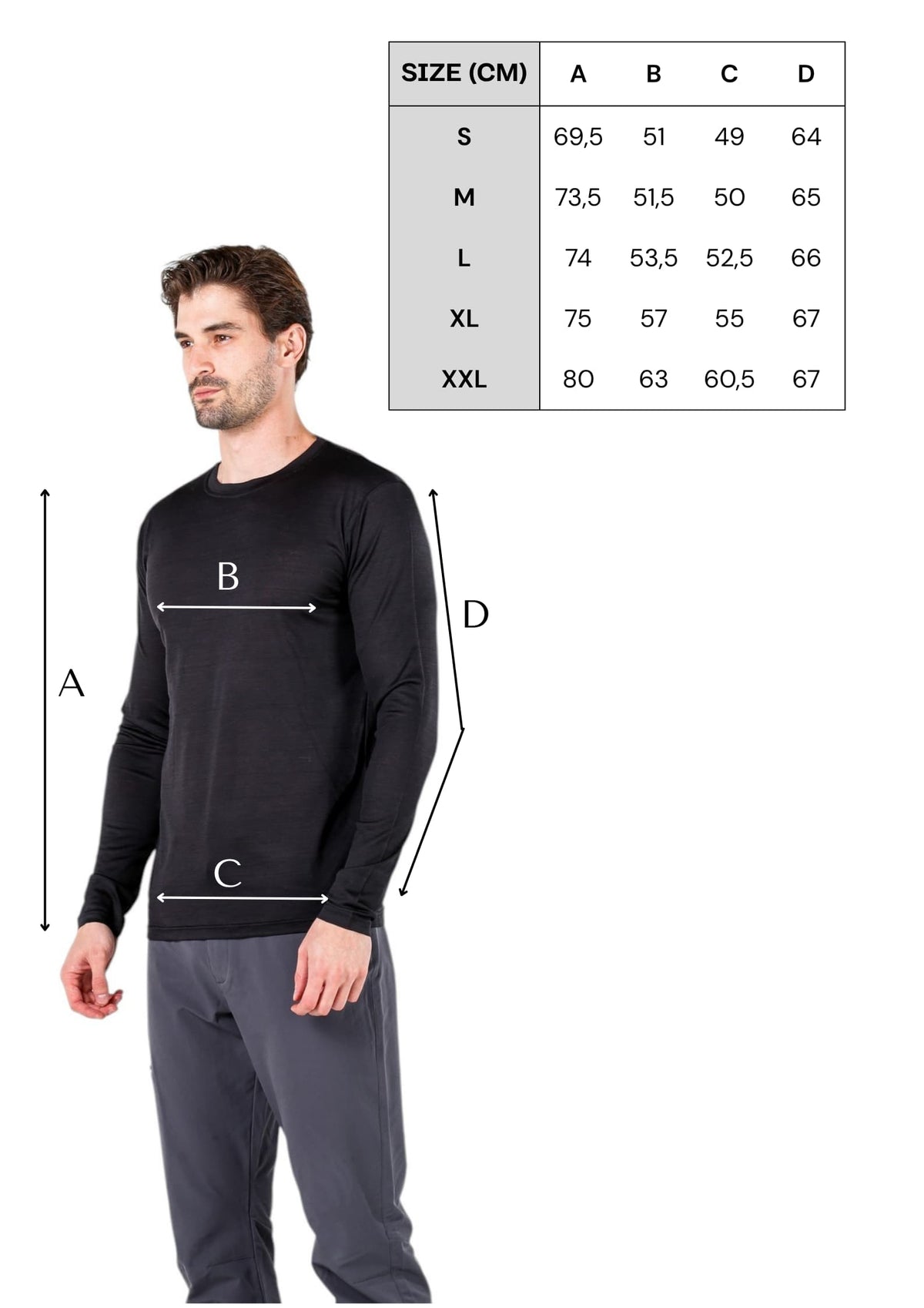 Tabela rozmiarów czarnej męskiej koszulki ze 100% wełny merino 135 g/m²