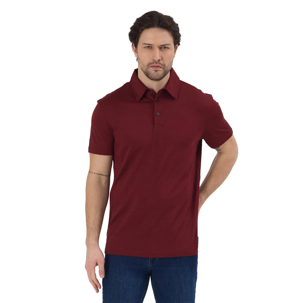 Śliwkowa męska koszulka polo ze 100% wełny merino