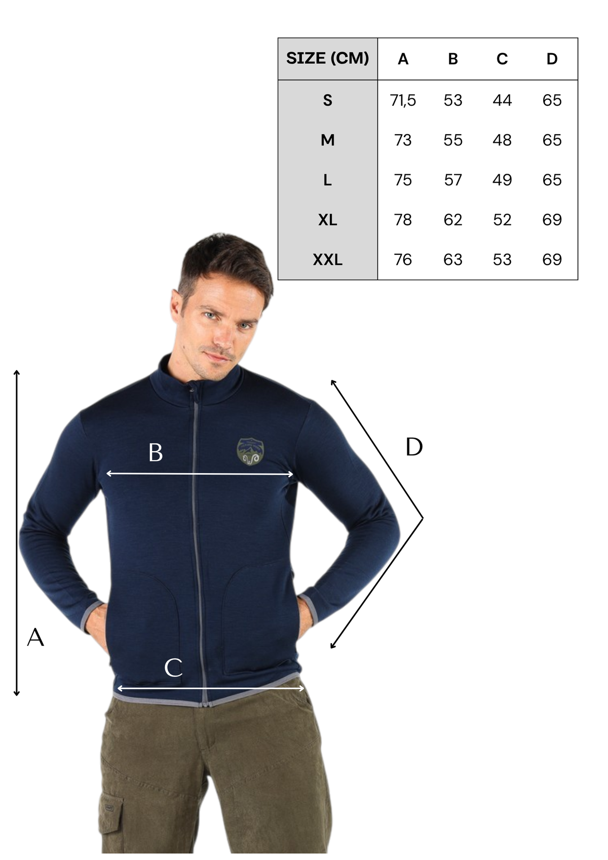 Tabela rozmiarów granatowej kurtki męskiej z wełny merino 260 g/m²