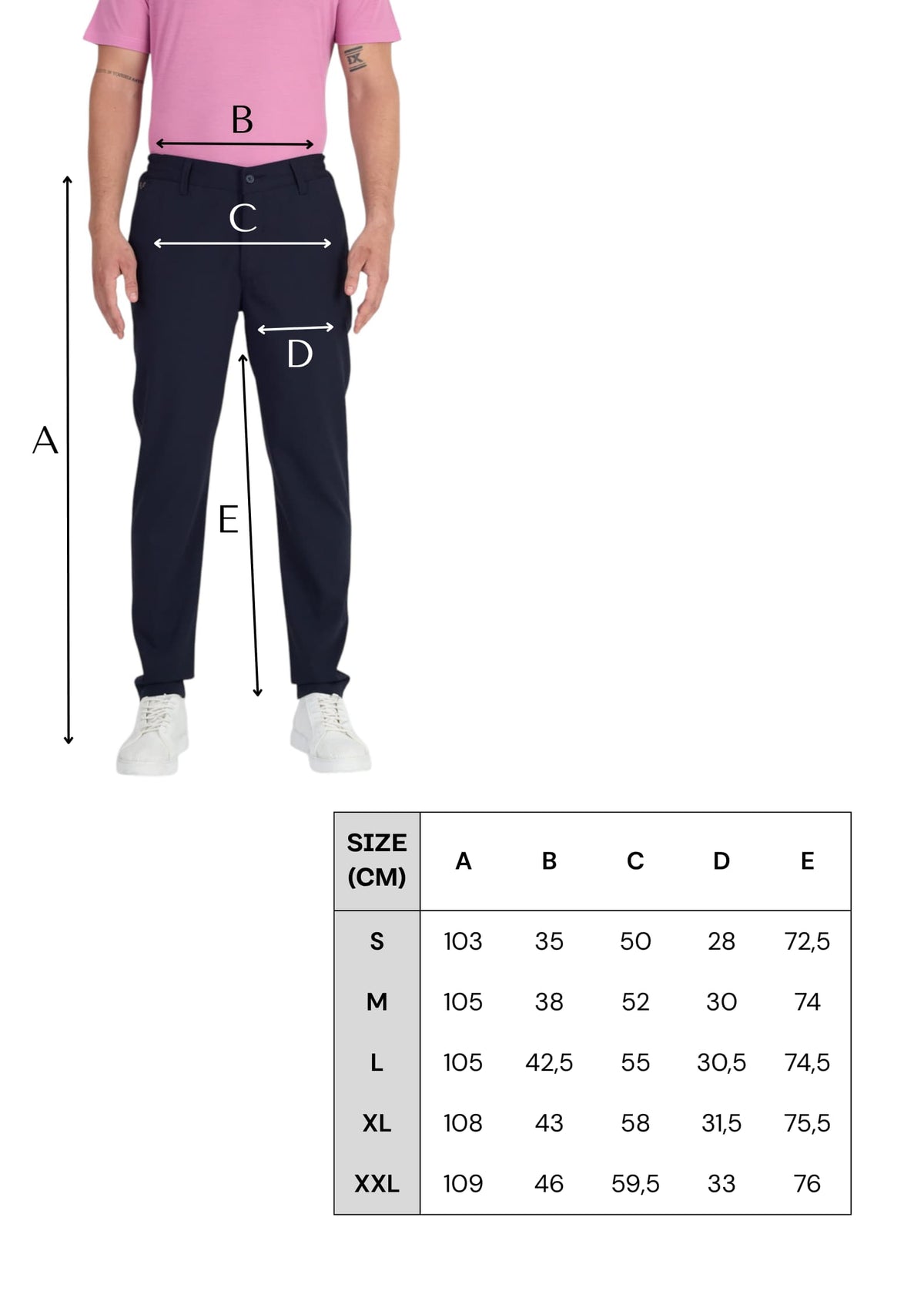 Tabela rozmiarów granatowych męskich spodni chino z 45% wełny merino 200 g/m²