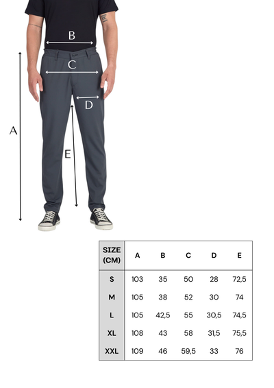 Tabela rozmiarów szarych męskich spodni chino z 45% wełny merino 200 g/m²