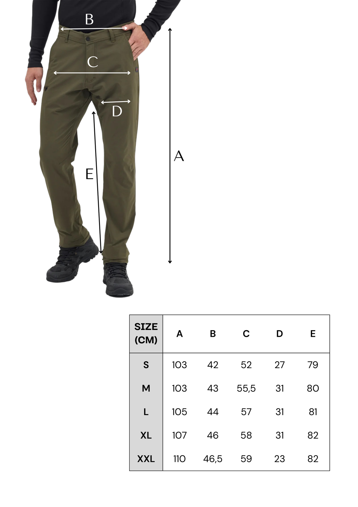 Męskie spodnie z wełną merino w kolorze khaki-tabela rozmiarów
