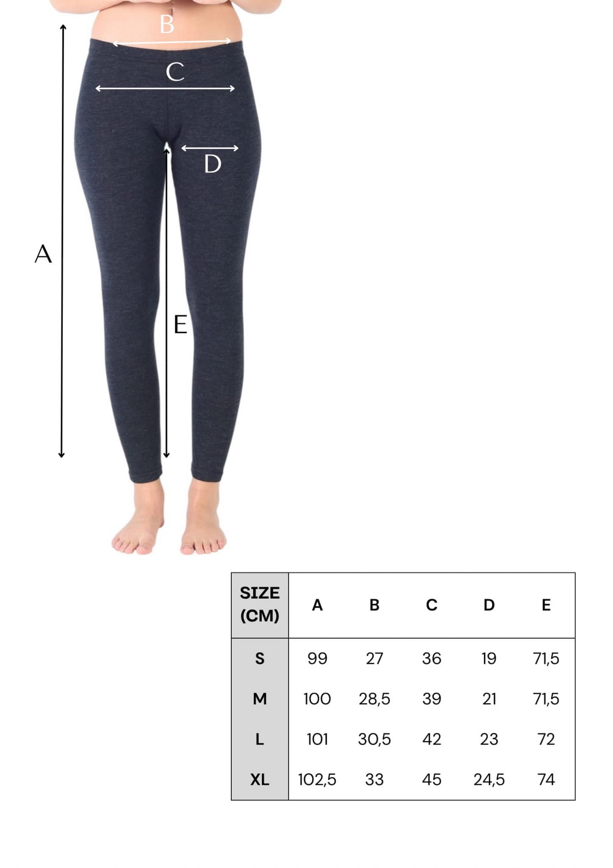 100% wełniane legginsy damskie w kolorze antracytowym - tabela rozmiarów
