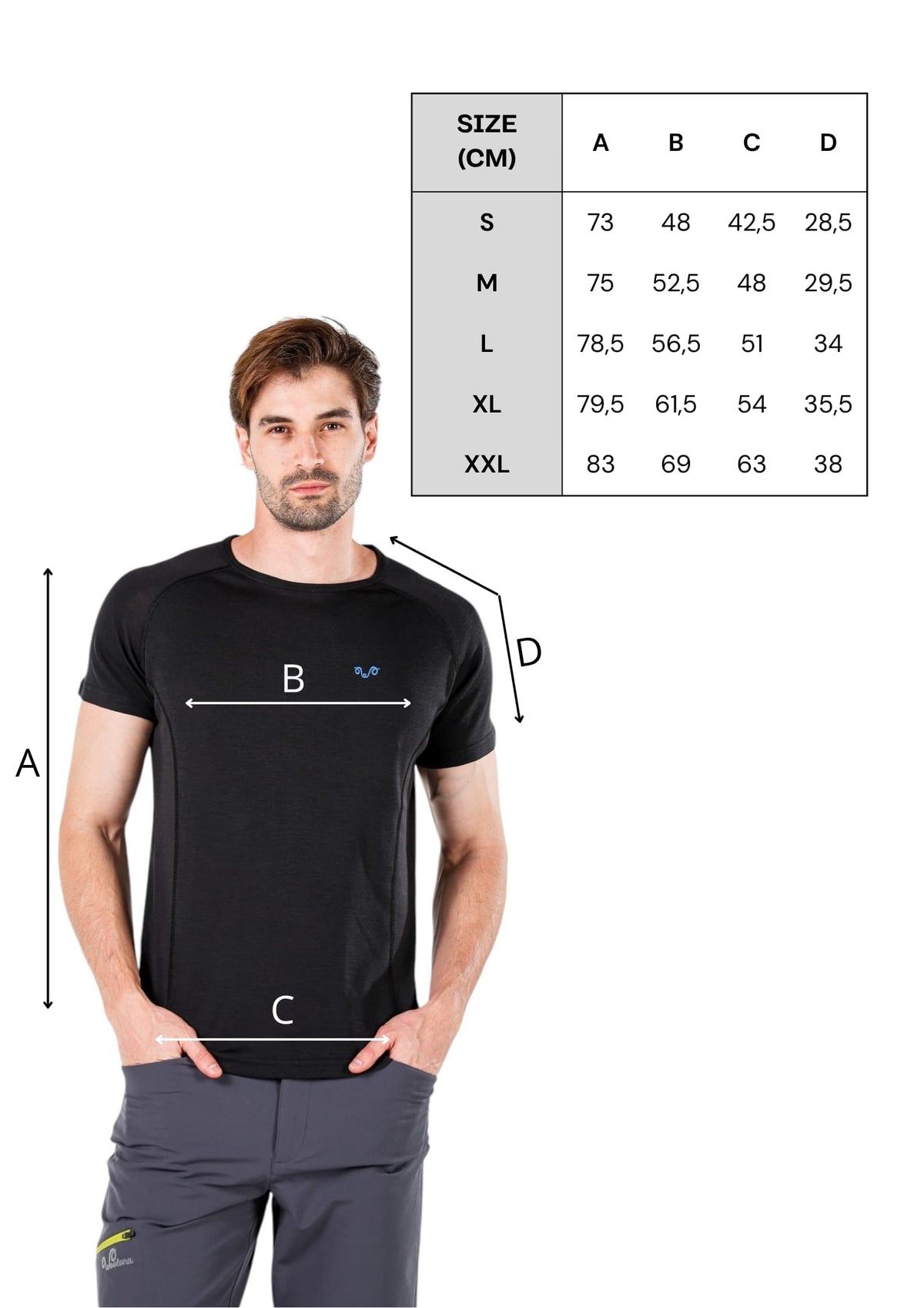 Tabela rozmiarów czarnego t-shirta męskiego z wełny merino