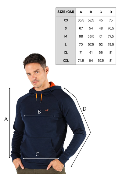 Tabela rozmiarów bluzy termicznej unisex z kapturem z wełny merino, rozmiary XS–XXL i wymiary A–D w cm