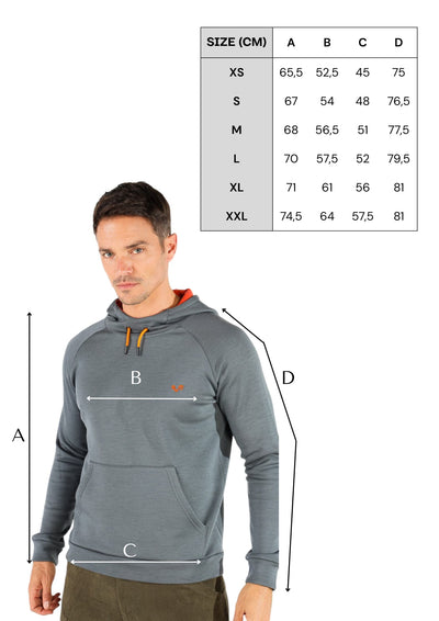 Tabela rozmiarów bluzy termicznej unisex z kapturem z wełny merino, rozmiary XS–XXL i wymiary A–D w cm