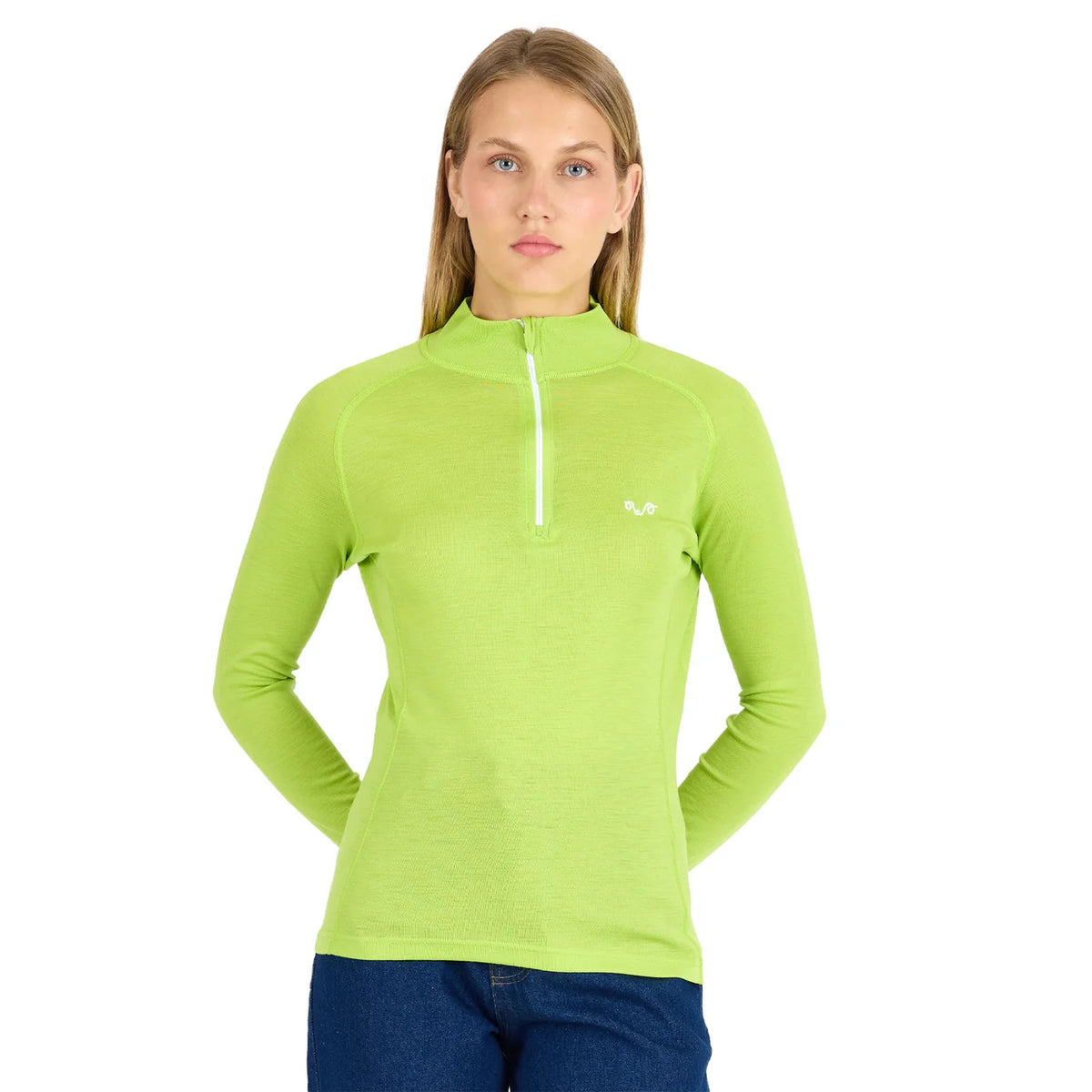 Limonkowa damska koszulka termoaktywna z zamkiem YKK ze 100% wełny merino 195 g/m²