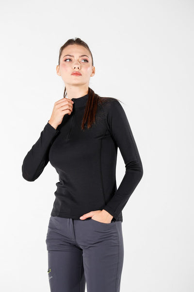 Czarna damska koszulka z zamkiem YKK ze 100% wełny merino 195 g/m² na trekking