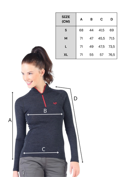 Tabela rozmiarów antracytowej damskiej koszulki ze 100% wełny merino 195 g/m² z zamkiem YKK